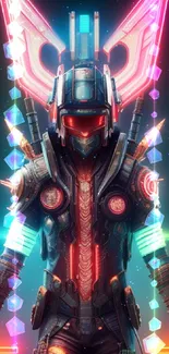 Futuristic cyberpunk warrior with neon lights in vibrant armor.