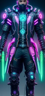 Futuristic cyberpunk neon warrior with glowing high-tech armor.