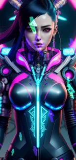 Futuristic cyberpunk warrior with neon lights, perfect for mobile wallpaper.