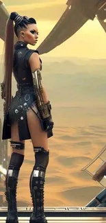 Futuristic cyberpunk warrior in a desert landscape.