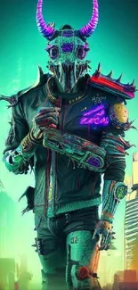 Futuristic cyberpunk warrior with neon elements and vibrant city background.