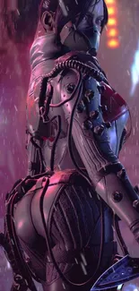 Cyberpunk warrior in a futuristic neon setting with a dynamic pose.