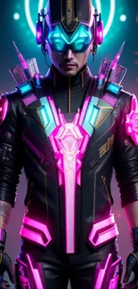 Futuristic warrior in neon cyberpunk style with glowing armor.