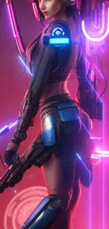 Cyberpunk warrior in neon colors with futuristic elements.