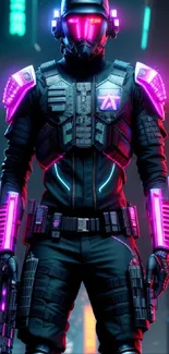 Futuristic warrior in neon cyberpunk cityscape.