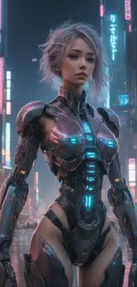 Futuristic cyberpunk warrior in neon cityscape.