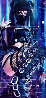 Edgy cyberpunk warrior in neon setting wallpaper.