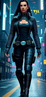 Futuristic female warrior in cyberpunk cityscape.