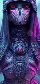 Futuristic cyberpunk warrior with neon colors and intricate details.