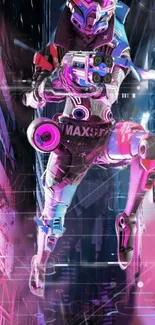 Futuristic warrior in neon pink cityscape.