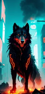 Cyberpunk wolf standing in neon-lit cityscape, vivid futuristic art.