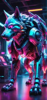 Cyberpunk robotic wolf with neon lights.