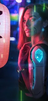 Futuristic woman in cyberpunk setting with neon lights.