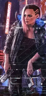 Cyberpunk woman in neon cityscape wallpaper.