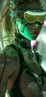 Futuristic cyberpunk woman with neon visor and robotic suit.