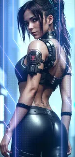 Futuristic cyberpunk woman in neon city background.