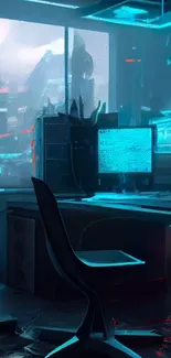 Futuristic cyberpunk workspace with neon lights.