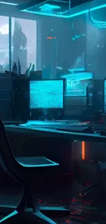 Cyberpunk workspace with neon blue lighting and futuristic tech setup.