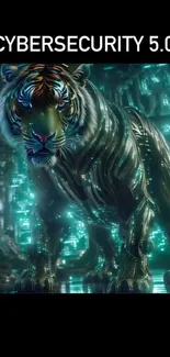 Cyber-themed tiger with glowing circuits in a futuristic setting.