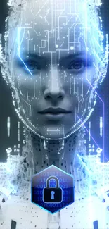 Futuristic digital human with lock symbol on blue glowing background.