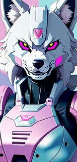 Futuristic cyberwolf art with pink hues.