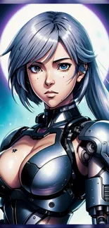 Futuristic cyborg anime character with metallic features and neon background.