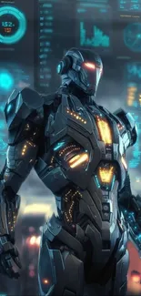 Futuristic cyborg in neon-lit armor with digital screens.