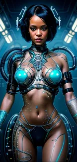 Futuristic cyborg woman art with teal and silver accents.