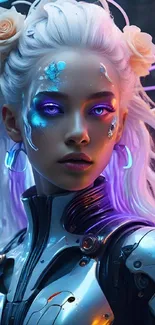 Futuristic cyborg woman with neon accents in a digital art style.
