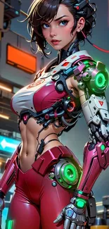 Futuristic cyborg girl in vibrant neon setting.