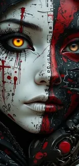 Futuristic cyborg with vibrant red and black design.