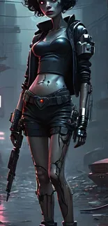 Futuristic cyborg woman in dark urban setting
