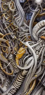 Intricate futuristic cyborg art wallpaper with metallic robotic designs.