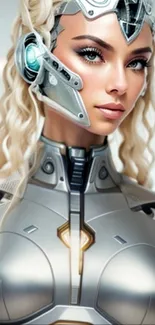 Futuristic cyborg woman with metallic design.