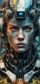 Futuristic cyborg face with intricate digital details.