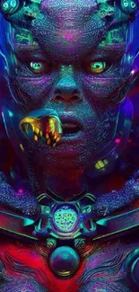 Vibrant futuristic cyborg artwork with neon colors.