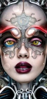 Futuristic cyborg face with intricate details and vibrant colors.