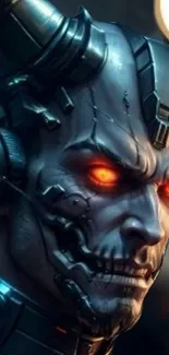 Futuristic cyborg face with glowing eyes.
