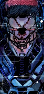 Futuristic cyborg art wallpaper with dark blue digital wires and vibrant colors.