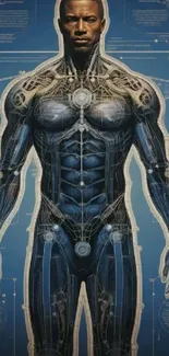 Futuristic cyborg with detailed blueprint on a blue background.