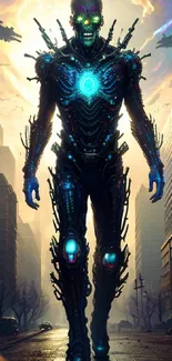 Futuristic cyborg walking through a neon-lit cityscape with a dramatic sky.