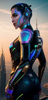 Futuristic cyborg overlooking cityscape at sunset.