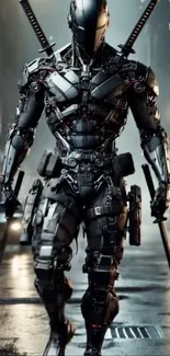 Futuristic cyborg warrior in cityscape at night.