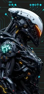 Futuristic cyborg with a digital circuit background.