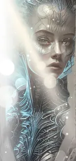 Futuristic cyborg digital artwork with ethereal lighting and intricate details.