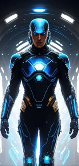 Futuristic cyborg in a sci-fi corridor with blue neon lights.