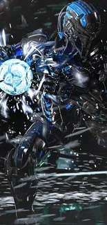 Cyborg unleashing energy burst with blue highlights.