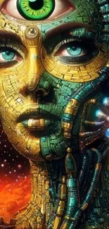Futuristic cyborg art with a robotic eye and vibrant hues.