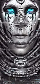 Futuristic cyborg face with blue eyes and intricate design.