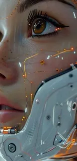 Close-up of a futuristic cyborg's face with intricate technological details.